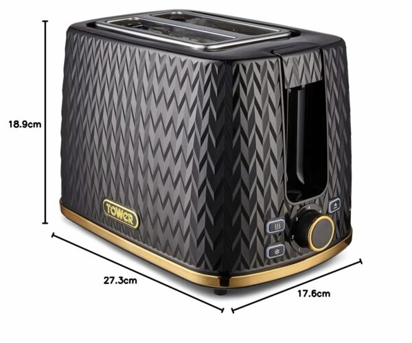 Tower T20054BLK Empire 2 Slice Toaster with Defrost/Reheat, Removable Crumb Tray, 900W, Black and Brass