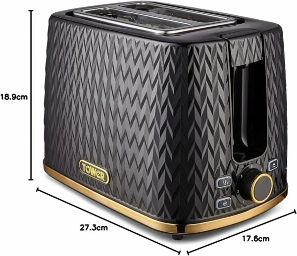 Tower T20054BLK Empire 2 Slice Toaster with Defrost/Reheat, Removable Crumb Tray, 900W, Black and Brass