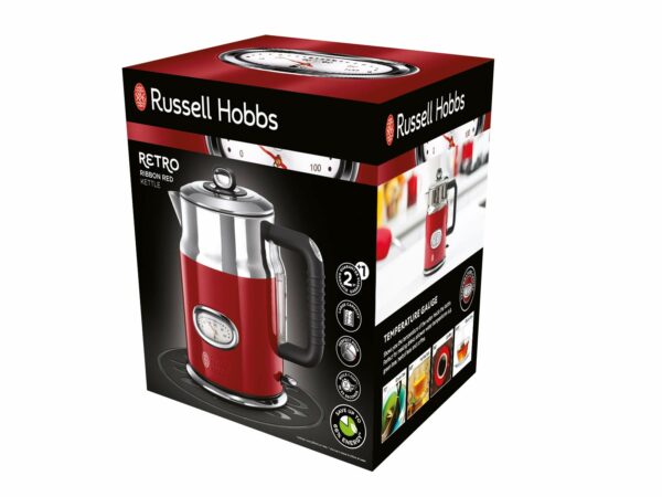 Russell Hobbs Kettle, retro red, 1.7 l, 2400 W, quick cooking function, water temperature display in retro design, filling level marking, optimised pouring spout, vintage 21670-70