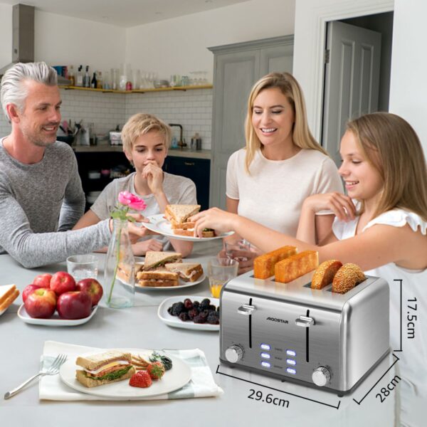 Aigostar Toaster 4 Slice Stainless Steel Toaster with Independent and Extra-Wide Slots, High Lifting, Defrost & Reheat Functions, Variable Browning Settings, Silver - Gordon 30ZGE
