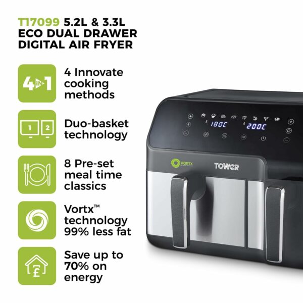 Tower T17099 Vortx 5.2L & 3.3L Eco Dual Basket Air Fryer with 8 One-Touch Pre-sets, 1700W, Black