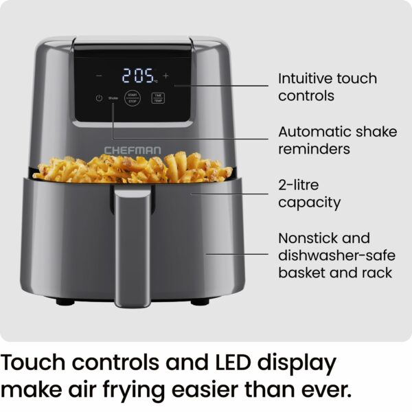 Chefman 2L Mini Air Fryer – Digital Space-Saving Compact Air Fryer with Nonstick and Dishwasher Safe Basket, Quick & Easy Meals in Minutes, Features Digital Timer and Shake Reminder – Grey