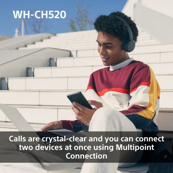 Sony WH-CH520 Wireless Bluetooth On-Ear Headphones, High Quality Sound, Lightweight Design, Up to 50hr Battery Life, Quick Charge, EQ, Clear Call Quality, iOS & Android - Black