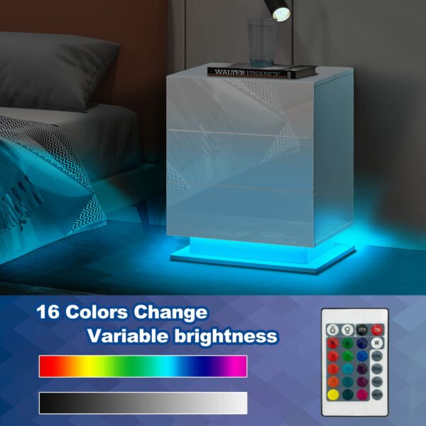 Tukailai Set of 2 Bedside Table with LED Light, 3 Drawers Bedside Cabinet White High Gloss Front Nightstand Cabinet for Bedroom Living Room