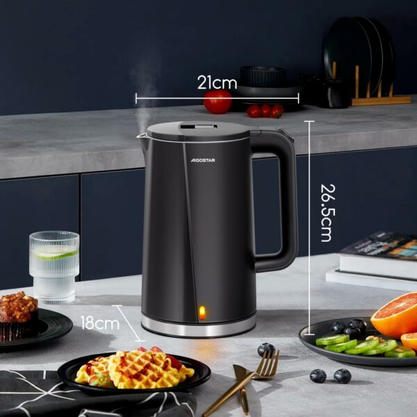 Aigostar Electric Kettle, Quiet Fast Boil Kettles Cordless, Double-Walled Anti-Scald Tea Kettle Black, Stainless Steel Interior, 2200W - Aubrey