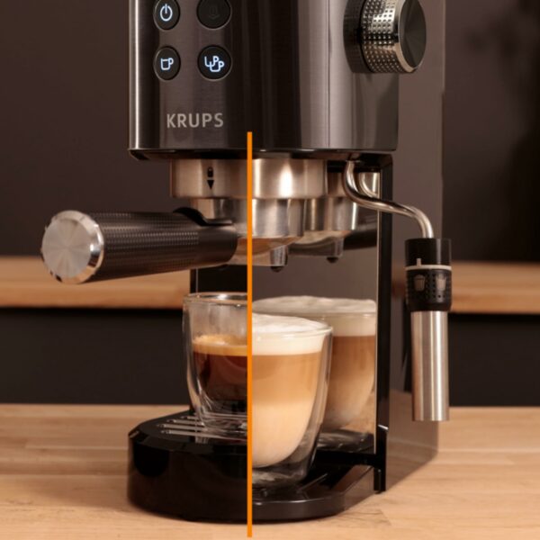 Krups Virtuoso Pump Espresso Machine, Sleek Compact Design, Auto Flow-Stop, Espresso and Cappuccino Maker, Black Stainless Steel, XP444GG0