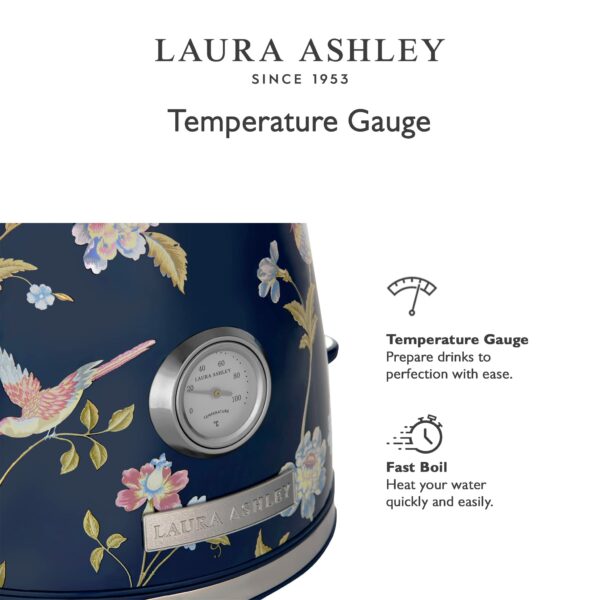 Laura Ashley Elveden Navy Cordless Electric Kettle By VQ, Stainless Steel Kettle With Capacity of 1.7 Litre, Energy Efficient 3KW Fast Boiling Technology With Boil Dry Protection & Temperature Gauge