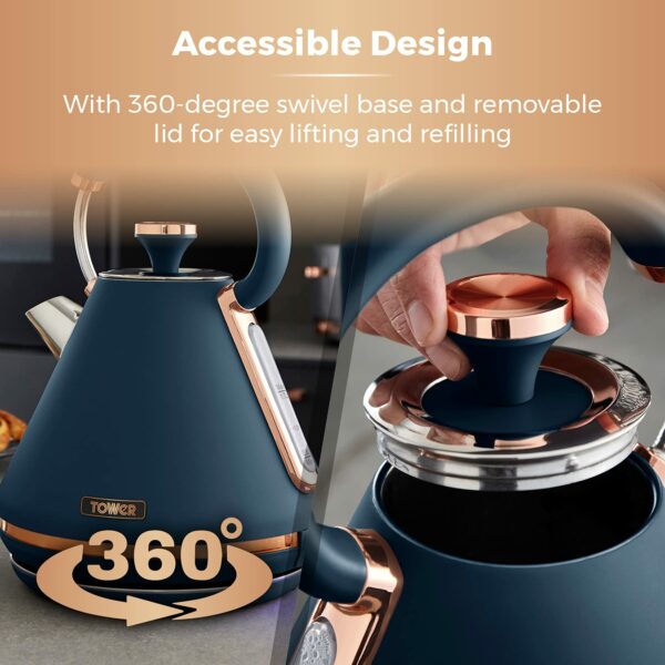 Tower T10044MNB Cavaletto Pyramid Kettle with Fast Boil, Detachable Filter, 1.7 Litre, 3000 W, Midnight Blue and Rose Gold