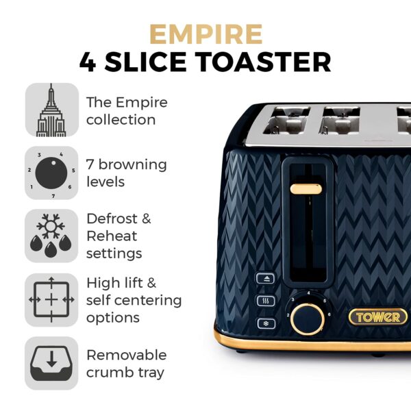 Tower T20061MNB Empire 4-Slice Toaster with Defrost/Reheat, Removable Crumb Trays, 1600W, Midnight Blue and Brass