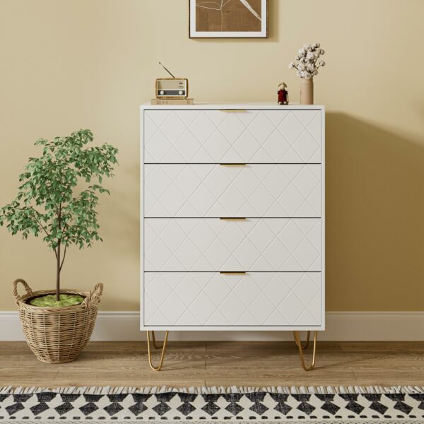 HEYZOEY Chest of Drawers, Wood 4 Drawers Cabinet Storage Organiser, Tall High Gloss Drawer Dresser with Gold Metal Legs for Bedroom, Living Room, Closet, Hallway, White