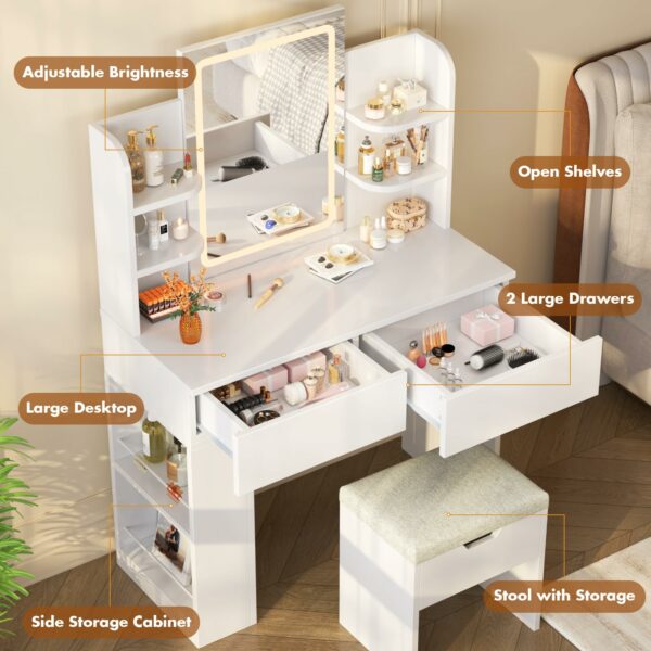 Devoko Dressing Table with Stool,Vanity Desk Set,Makeup Table with Adjustable Brightness LED Mirror,2 Drawers,4 Storage Shelves, 90 x 40 cm,Modern White