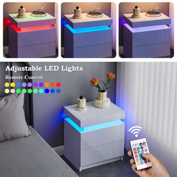 Tukailai Set of 2 White Bedside Table with 2 Drawers and Top Storage, Modern Gloss Front Bedside Cabinet with LED Lights
