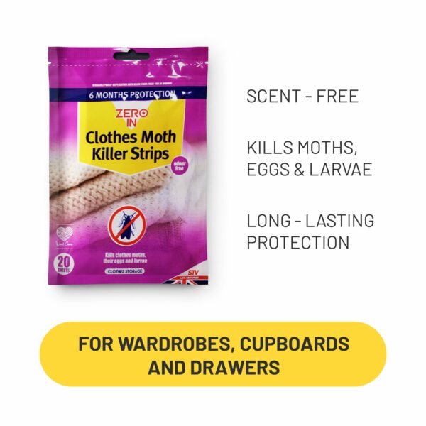 Zero In Clothes Moth Killer Strip s – 20-Pack. Place in Wardrobes, Cupboards and Drawers to Kill Clothes Moths, Eggs, and Larvae. Fragranced
