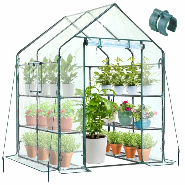 Ohuhu Plastic Greenhouse with Improved Transparent PVC Cover, Portable Walk in Plant Green House, 3 Tiers 12 Shelves Stands Small Greenhouses Backyard Green Houses for Outside Heavy Duty