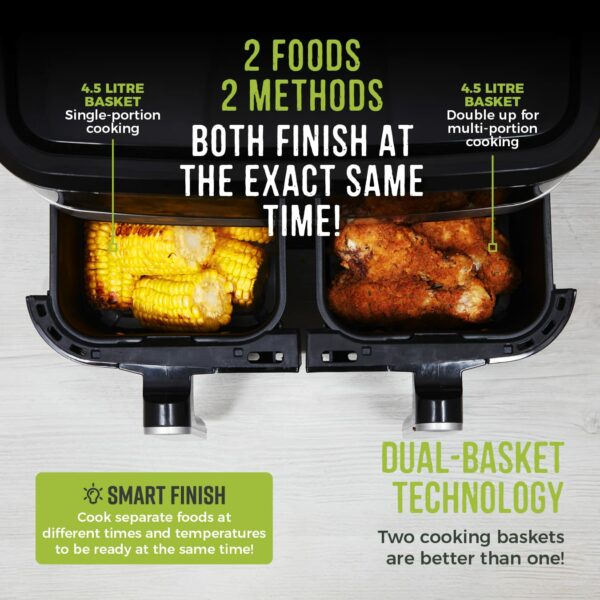 Tower T17088 Vortx 9L Dual Basket Air Fryer with Smart Finish, 2600W, Black