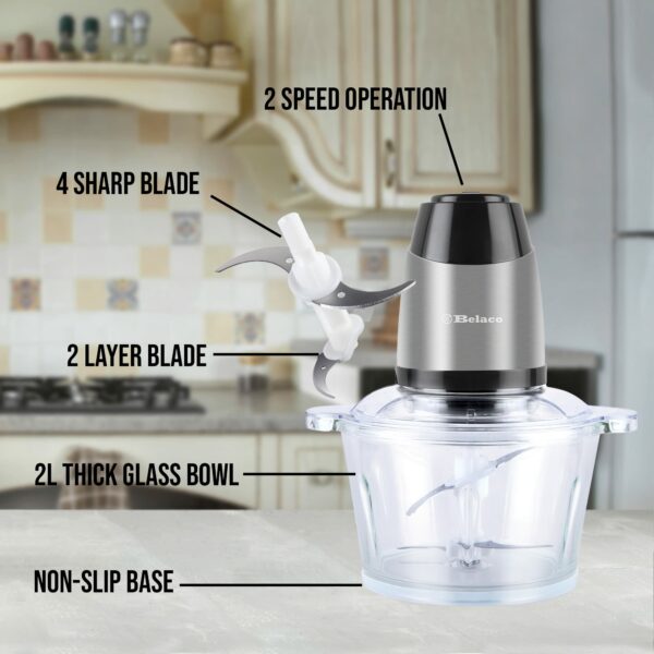 Food Processor Blender Mixer Chopper Meat 2L Glass Bowl Vegetable Grinder Fruits Nut Multi-Functional Sharp Steeliness Steel Blade