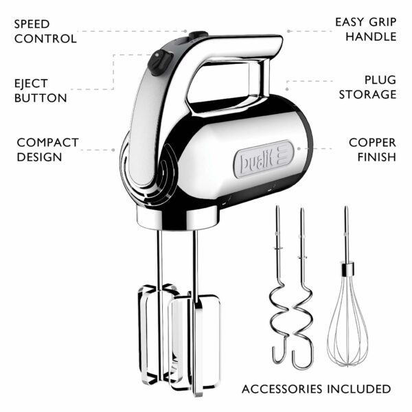 Dualit Hand Mixer Chrome - 400W - Strong Grip Handle - Attachments Included - Integral Plug Storage - 4 Speed Settings - Repairable gears - Flat Beaters, Dough Hooks, Balloon Whisk