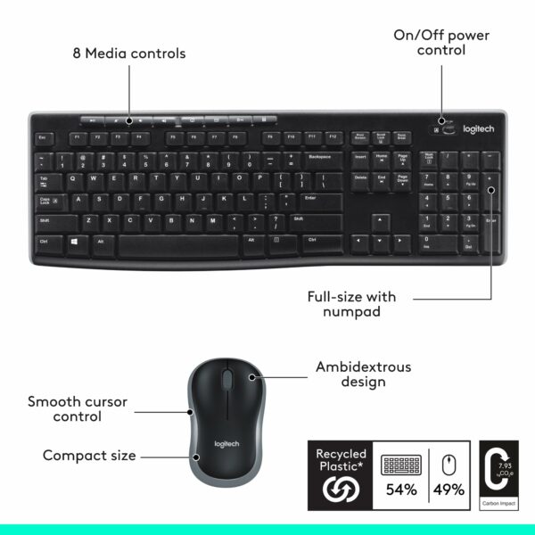 Logitech MK270 Wireless Keyboard and Mouse Combo for Windows, 2.4 GHz Wireless, Compact Mouse, 8 Multimedia and Shortcut Keys, 2-Year Battery Life, for PC, Laptop, QWERTY UK English Layout - Black