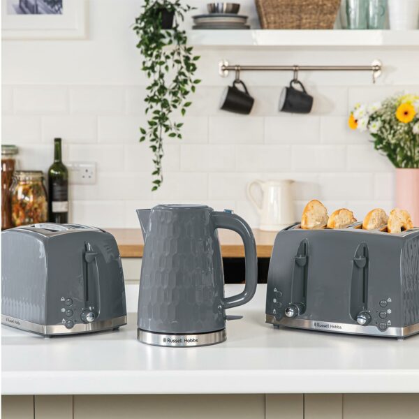 Russell Hobbs Honeycomb 4 Slice Toaster (Independent & Extra wide slots with high lift, 6 Browning levels, Frozen/Cancel/Reheat function, Removable crumb tray, 1500W, Grey textured high gloss) 26073