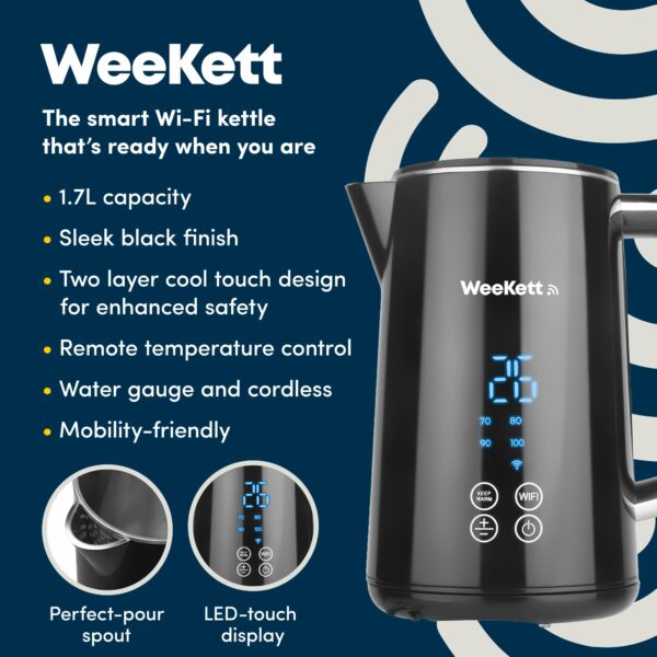 Smart Kettle by WeeKett - voice control with Amazon Alexa, Google & Siri, Temperature Control, Keep Warm, LED Touch Display, Stainless Steel Insulated, Cool Touch, BPA Free, Black, 3000W, 1.7L