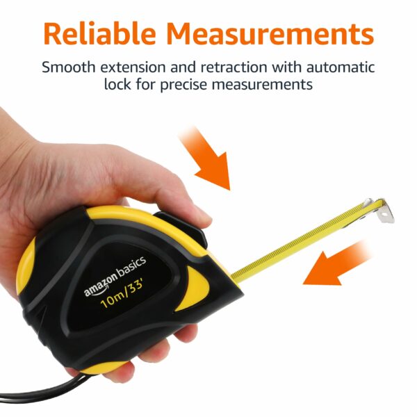 Amazon Basics Self Locking Tape Measure, Metric Scale, MID Accuracy, 10 m (1-Pack), Black, Yellow
