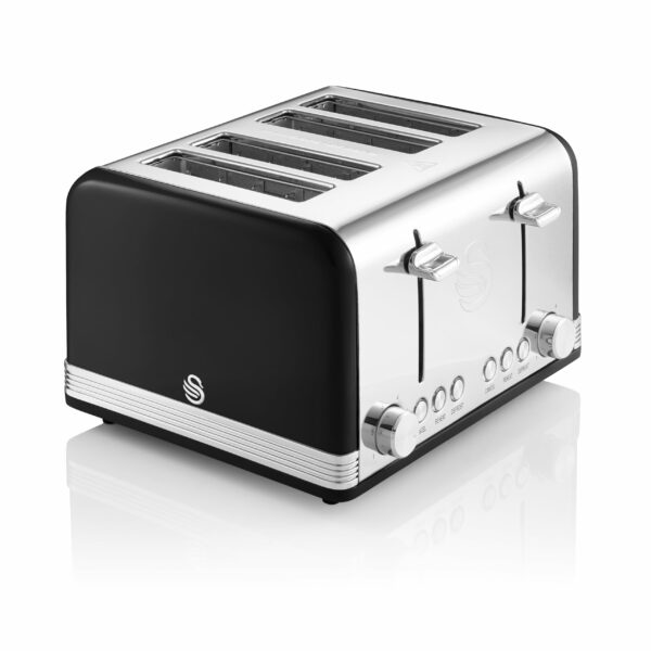 Swan ST19020BN Retro 4-Slice Toaster with Defost/Reheat/Cancle Functions, Cord Storage, 1600W, Retro Black