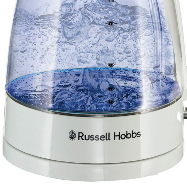 Russell Hobbs Carafe Style 1.7L Cordless Electric Glass Kettle with white handle, lid & base and blue internal illumination (Fast boil, 3KW, Anti-scale filter, Pull off lid, unique glass spout) 26081
