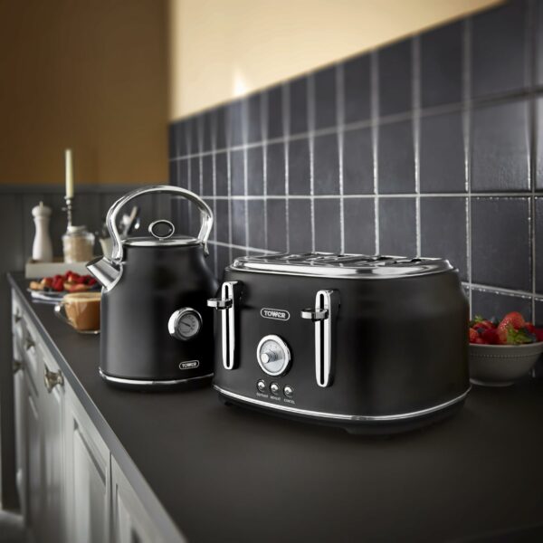 Tower Renaissance Kitchen Set, 1.7L Quiet Boil Kettle & 4 Slice Toaster, Black, T10063BLK, T20065BLK