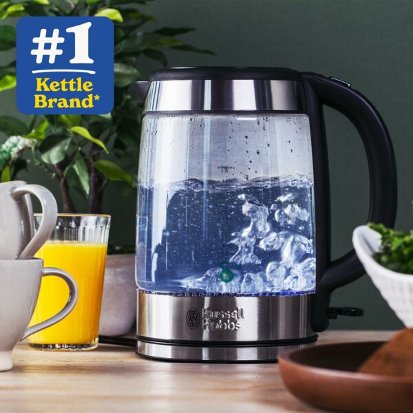 Russell Hobbs Illuminating 1.7L Electric Cordless Glass Kettle with black/brushed stainless steel accents (Fast Boil 3KW, Washable anti-scale filter, Button to open lid, Perfect pour spout) 21600-10