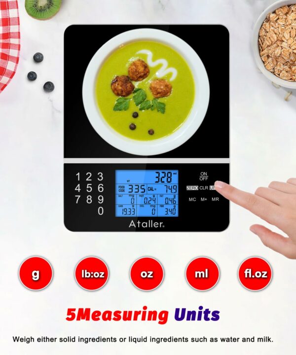 Ataller Food Scale with Nutritional Calculator, Kitchen Diet Scale, Digital Food Calorie Counting Scale for Meal Prep, Kitchen, Baking, Weight Loss, Resolution 1g, Max 5kg 11Ib, Tempered Glass, Black