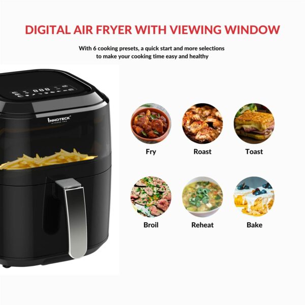 Innoteck Kitchen Pro 5L Air Fryer with Viewing Window - Healthy Low Fat No Oil Cooking - For Air Frying, Roast, Dehydrate, Bake, & Reheat - Dishwasher Safe Accessories, Non-Slip Feet - Gloss Black