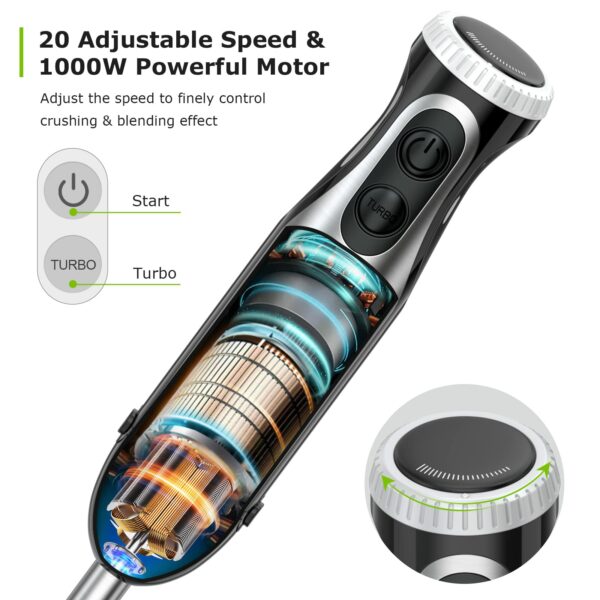 Bonsenkitchen Stainless Steel Hand Blender, 4-in-1 Stick Blender 1000W, 20 Speed Adjustable, with Whisk, 500ml Chopper and 700ml Measuring Cup, Food Processor (HB3203)