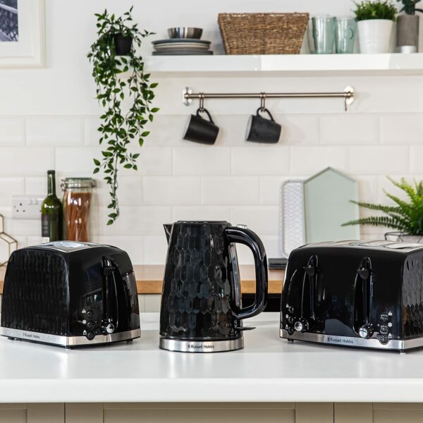 Russell Hobbs Honeycomb 4 Slice Toaster (Independent & Extra wide slots with high lift, 6 Browning levels, Frozen/Cancel/Reheat function, Removable crumb tray, 1500W, Black textured high gloss) 26071