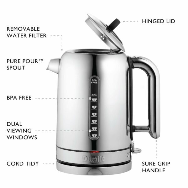 Dualit Classic Kettle | Polished Stainless Steel with Black Trim | Quiet boiling kettle | 90 Second Boil Time | 1.7 L Capacity, 2.3 kW | 72796