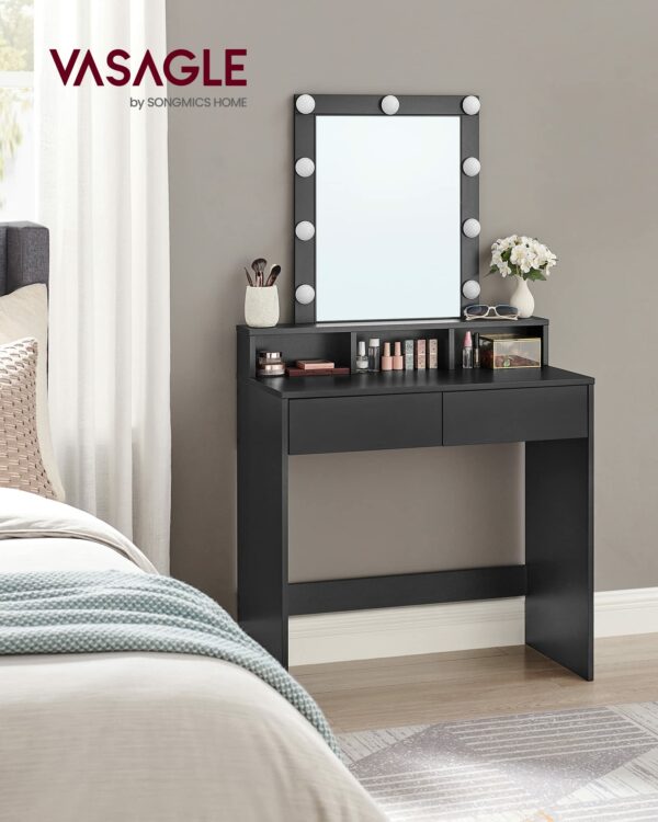 VASAGLE Dressing Table, LED Lights with Adjustable Brightness, Vanity Table with Mirror, 2 Drawers and 3 Compartments, Makeup Table, Modern, Simply Black RDT194B01