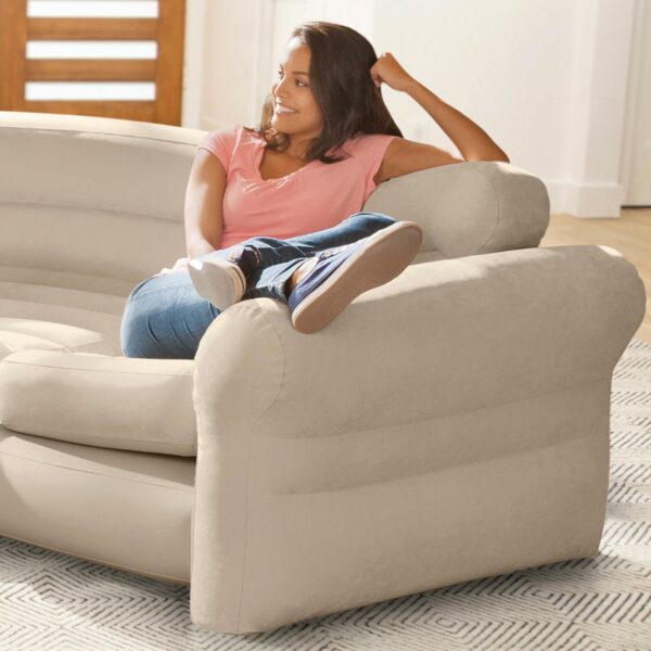 Intex Inflatable waterproof flocked top surface Corner Living Room Air Mattress, Sectional Sofa Couch for any rec room, game room, or dorm room 257 x 203 x 76 CM - Beige