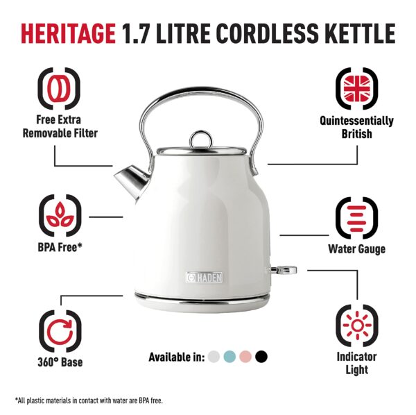 Haden Heritage White Kettle – 1.7L Stylish Retro Stainless Steel Kettle with Rapid Boil Technology, Cordless Design, Perfect for Tea, Coffee, and Everyday Kitchen Use