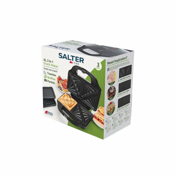 Salter EK2143 3-In-1 Snack Maker - Sandwich Toaster, Waffle Maker, Panini Press Grill, Includes Removable Extra Large Deep Fill Hot Plates, Non-Stick, 900W, Auto Temperature Control, Stay Cool Handle