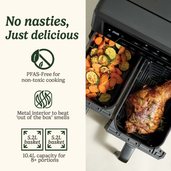 Cuisinart XXL10.4L Air Fryer with 2 x 5.2L Drawers |PFAS Free|Chemical-free cooking | Air Fry, Roast, Grill, Bake, Dehydrate, Max Crisp, Keep Warm | Dual Zones - cook 8+ portions|Dishwasher Safe