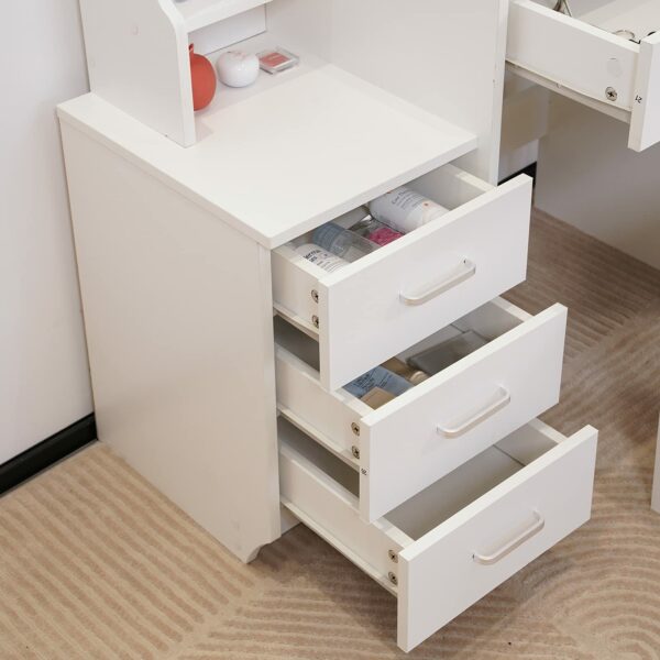 Tukailai Dressing Table with LED Lights Mirror and Stool, Corner Vanity Makeup Desk Set with 4 Drawers and 3 Storage Shelves