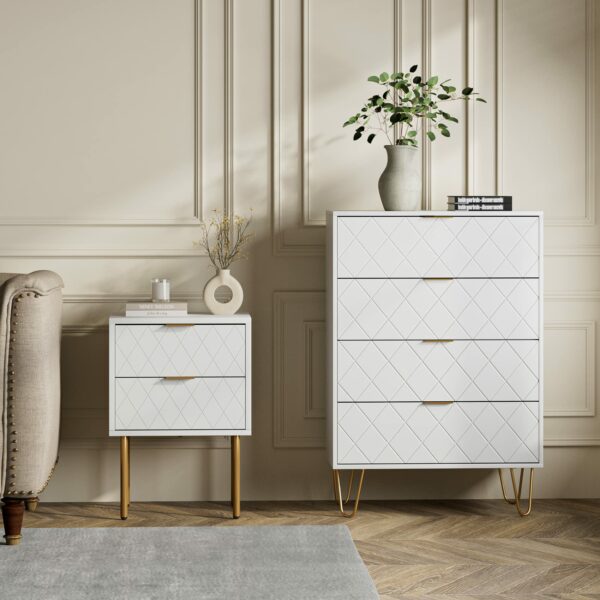 HEYZOEY Chest of Drawers, Wood 4 Drawers Cabinet Storage Organiser, Tall High Gloss Drawer Dresser with Gold Metal Legs for Bedroom, Living Room, Closet, Hallway, White