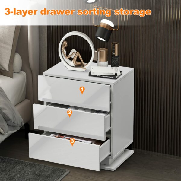 Tukailai Set of 2 Bedside Table with LED Light, 3 Drawers Bedside Cabinet White High Gloss Front Nightstand Cabinet for Bedroom Living Room