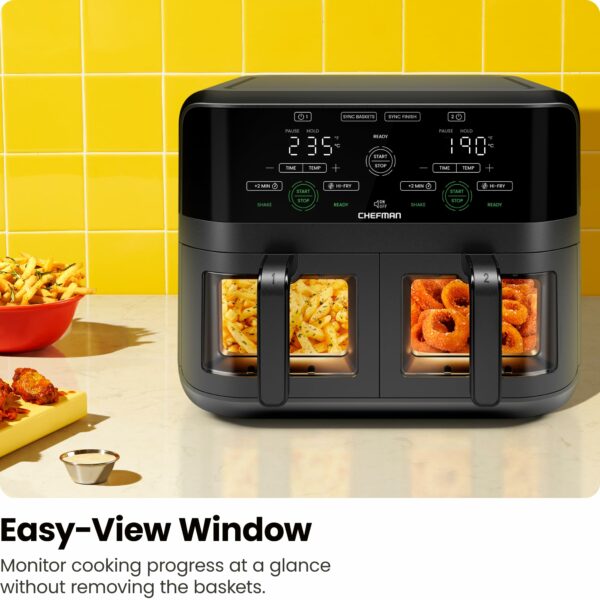 CHEFMAN 5.6L Dual Air Fryer Oven, Dishwasher Safe Frying Baskets, Double Air Fryer with Sync Finish, Hi-Fry, Auto Shutoff and Easy View Windows, Black