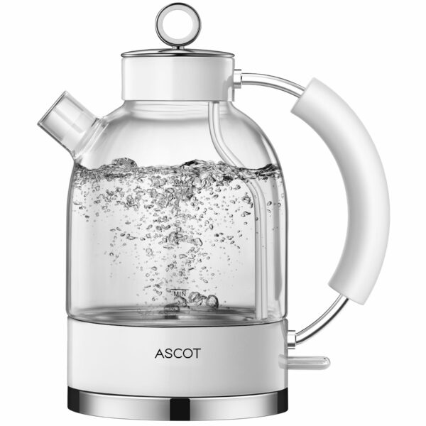 ASCOT Electric Kettle, Glass Electric Tea Kettle, Gift for Man/Women/Family, 1.5L Glass Tea Heater & Hot Water Boiler, BPA-Free, Auto Shut-Off and Boil-Dry Protection (White),(K1)