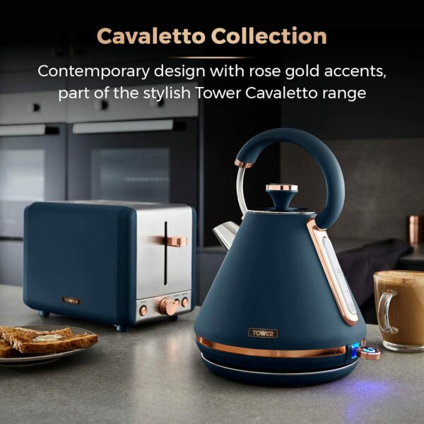 Tower T20036MNB Cavaletto 2-Slice Toaster with Defrost/Reheat, Stainless Steel, 850W, Midnight Blue and Rose Gold