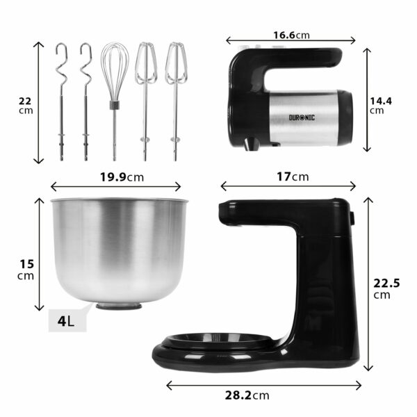 Duronic SM3 Twin Hand and Stand Mixer Set Electric | 300W | Black & Stainless Steel |Baking | 5 Speed | Turbo Function | 4 Litre Bowl | 2 Beaters | 2 Hooks | 1 Whisk