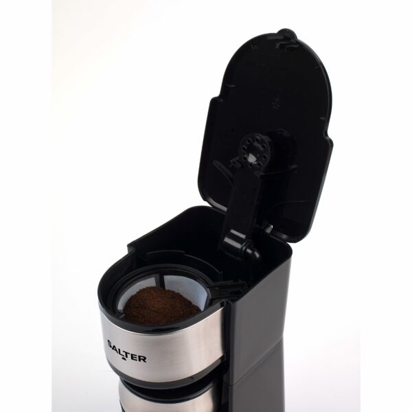 Salter Digital Coffee Maker – One Cup Filter Coffee Machine, Washable & Reusable Filter, Includes 420ml Stainless Steel Travel Mug, 3-4 Minutes Brewing, Suitable For Ground Coffee / Pads, Timer, 750W