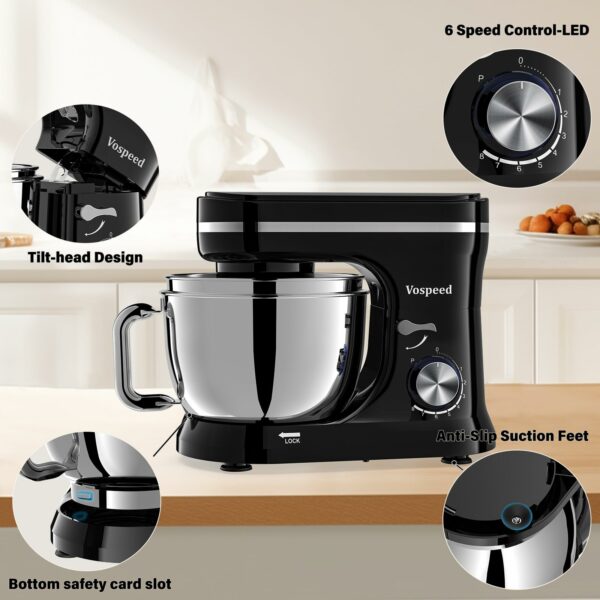 Vospeed Stand Mixer, 4.5L+5L Bowls 8-speed 1000W Tilt-Head Food Mixer, Kitchen Electric Mixer with Dough Hook, Whisk, Beater, Splash Guard (Black)