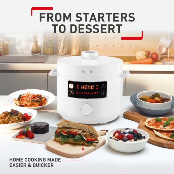 Tefal Turbo Cuisine. 4.8L Electric Pressure Cooker with mitts, 10 Programmes inc. stew, steam, bake, slow cooker, Rice cooker, 4.8L, 1000 W, Plastic, White, CY756140