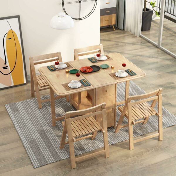 Folding Dining Table with Drawer - Mobile Butterfly Drop Leaf Table for Space Saving, Includes 4 Chair Storage - 1.4m Foldable Dining Table
